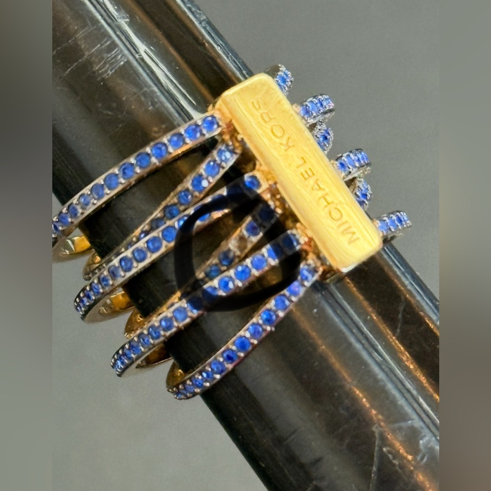 Michael Kors -Gold Tone, Blue Pave Glitz Criss Cross Ring Size 7 - Picture 8 of 8